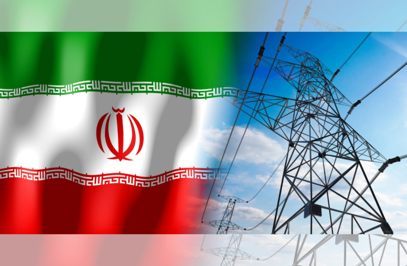 An illustration of Iran's flag and an electric pylon network.