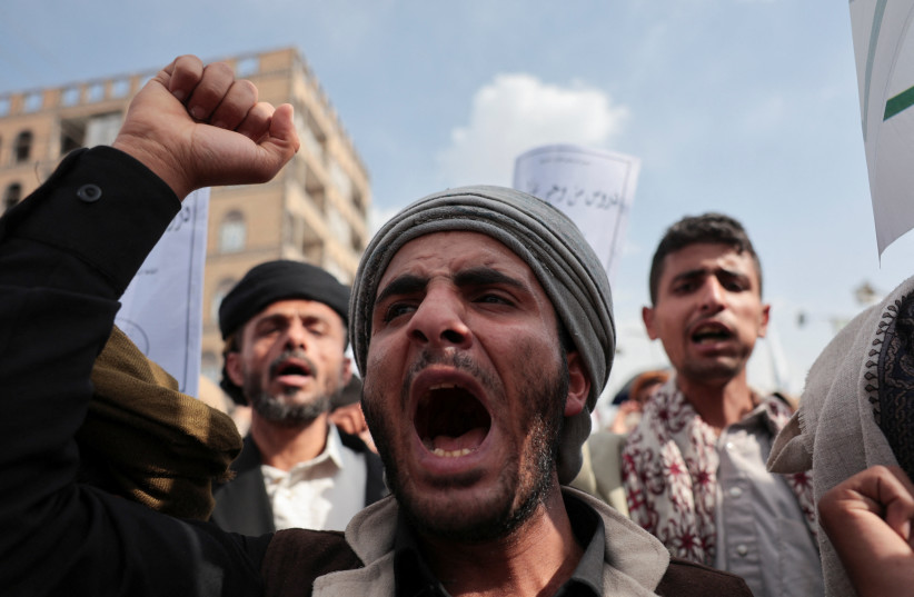 Houthi supporters shout in Sanaa, Yemen June 25, 2026.