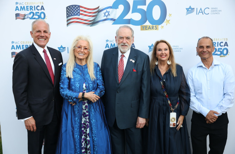 Attending a special IAC America 250 celebration in Israel were: IAC CEO Elan S. Carr; Businesswoman and philanthropist Dr. Miriam Adelson; US Ambassador Mike Huckabee; Event host and philanthropist Shari Arison; Entrepreneur and philanthropist Yakir Gabay, a member of the Gaza Board of Peace.