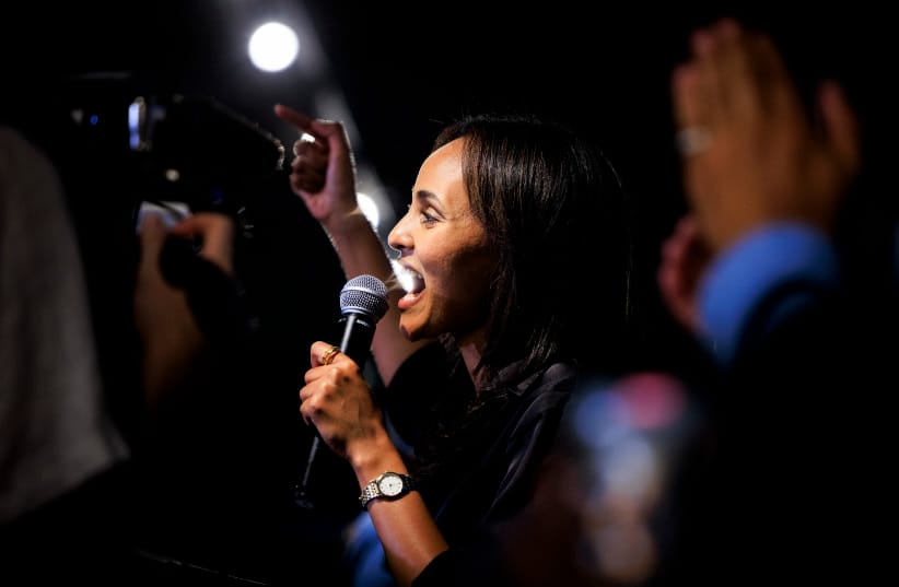 Democratic congressional candidate Melat Kiros speaks to supporters at an election-night watch party after winning the Colorado primary on June 30, 2026 in Denver, Colorado.