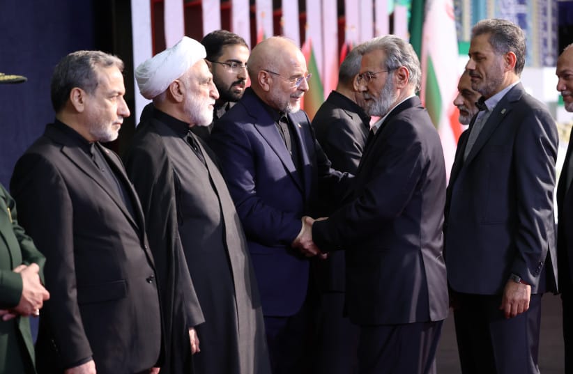 In this image released on July 4, 2026, Secretary-General of the Islamic Jihad Movement in Palestine Ziyad al-Nokhaleh shakes hands with Iranian Parliament Speaker Mohammad Bagher Ghalibaf, and next to him are Chief Justice of Iran Gholam-Hossein Mohseni-Eje’i and Iranian Foreign Minister Araghchi.
