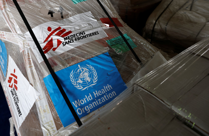 View of humanitarian supplies for Gaza, with the logos of Medecins Sans Frontieres (Doctors Without Borders) and World Health Organization, stored at the Egyptian Red Crescent warehouses storing aid, in the Egyptian border town of El-Arish, Egypt, April 8, 2025.