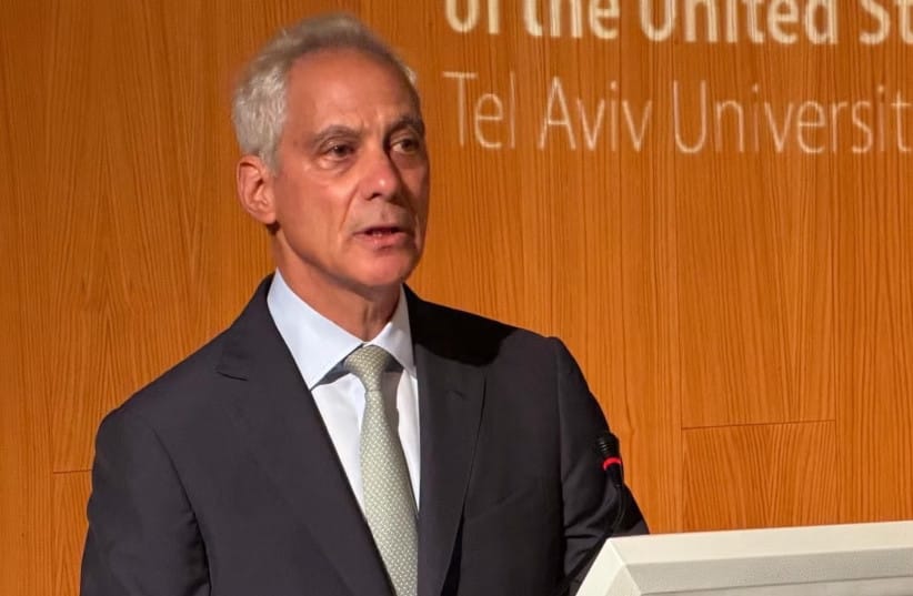 Former White House Chief of Staff Rahm Emanuel speaks at Tel Aviv University on July 8, 2026.