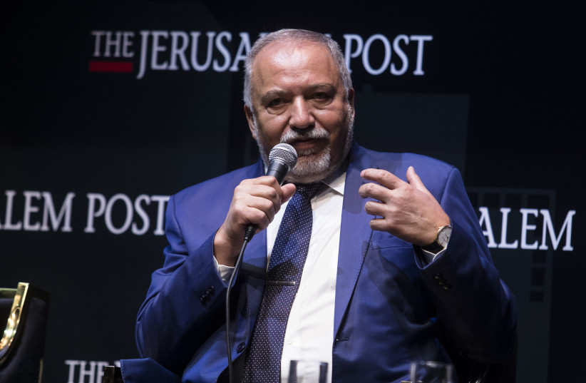 MK Avigdor Liberman speaks at Jerusalem Post's annual conference on October 12, 2021 in Jerusalem, Israel. The conference featured officials, diplomats and business leaders discussing the health, economic and security challenges facing Israel.