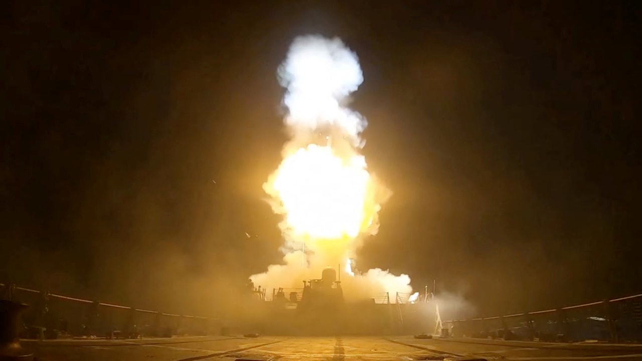 A projectile is fired during what the US Central Command (CENTCOM) said was a third round of strikes this week against Iran, in this screen grab taken from a handout video released on July 11, 2026.
