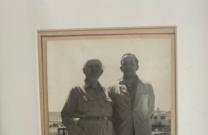 Sir Joshua Hassan, then-leader of Gibraltar's government (R) visits former prime minister David Ben-Gurion at Kibbutz Sde Boker in southern Israel.