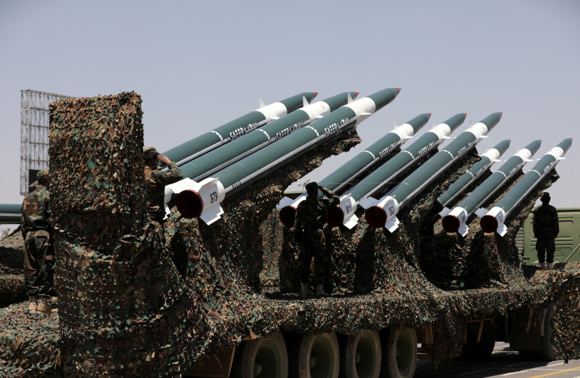 Missiles are displayed during a military parade held by the Houthis, who are armed primarily by the IRGC.