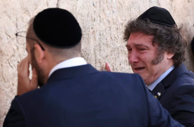 Argentina's President Javier Milei, right, shown on visit to the Western Wall in Jerusalem's Old City in 2024, has transformed Argentina’s foreign policy toward Israel, shifting the country from a more critical stance to one of close support.
