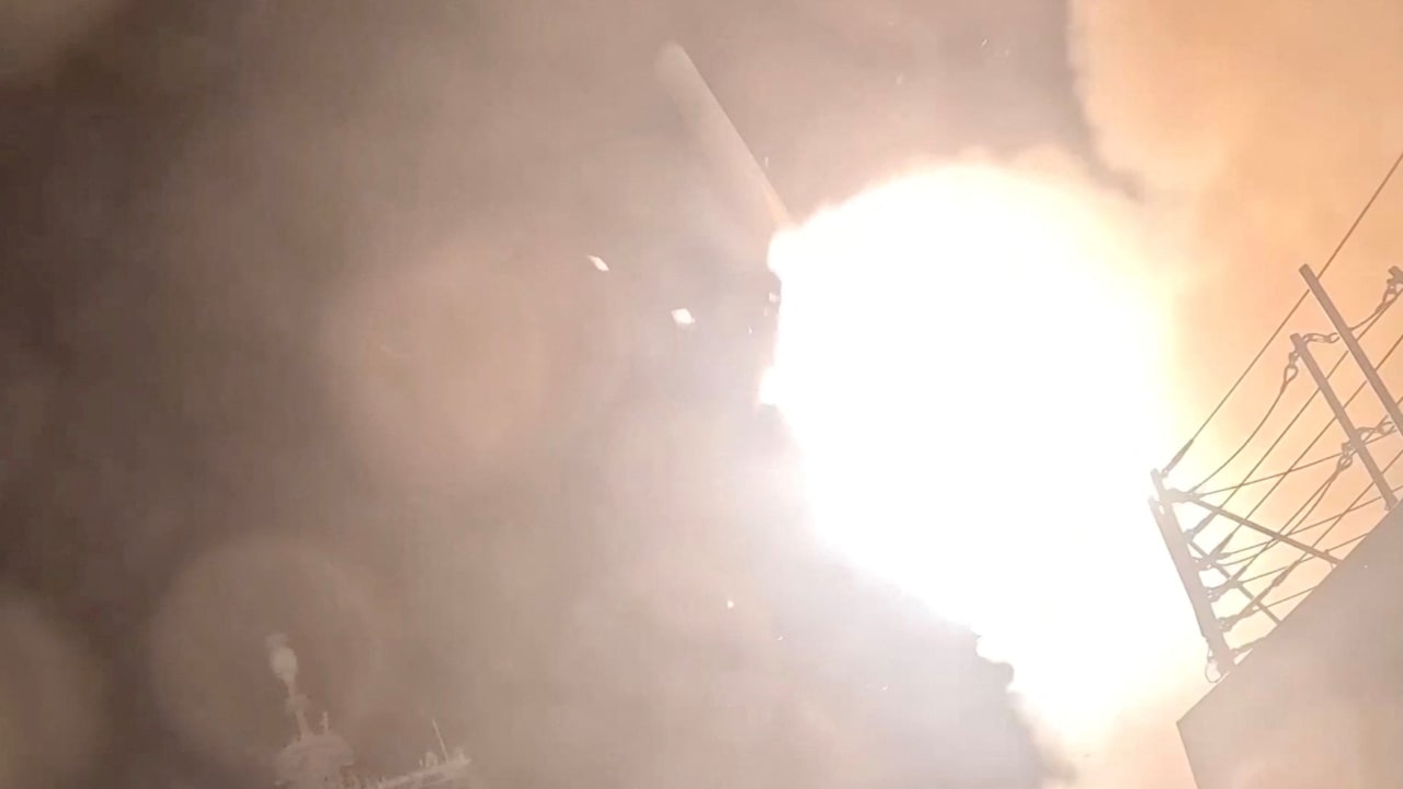 A munition is launched from a U.S. warship at an unknown location, during what U.S. Central Command (CENTCOM) says are strikes on Iran, in this screen grab taken from a handout video released on July 18, 2026.