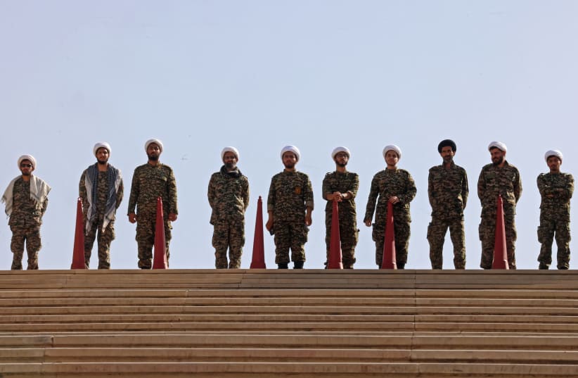 The IRGC clerics prepare for the funeral of Iran's slain supreme leader Ali Khamenei at the Grand Mosalla in Tehran on July 3, 2026. 