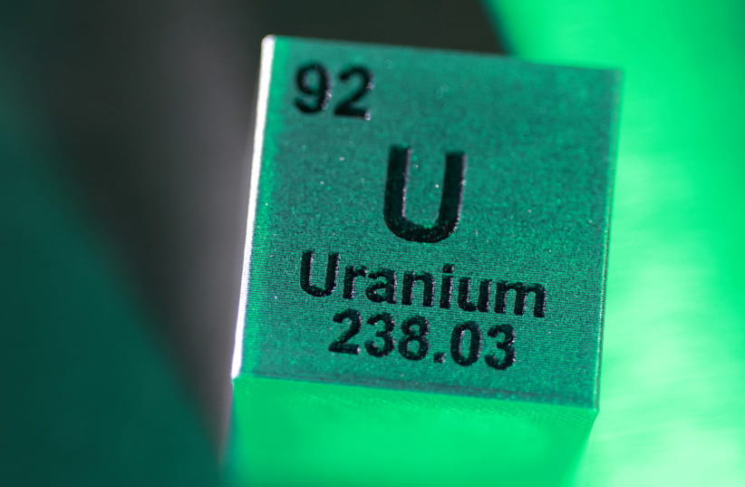 A block with the symbol, atomic number and mass number of Uranium (U) element, in this illustration taken January 21, 2026.