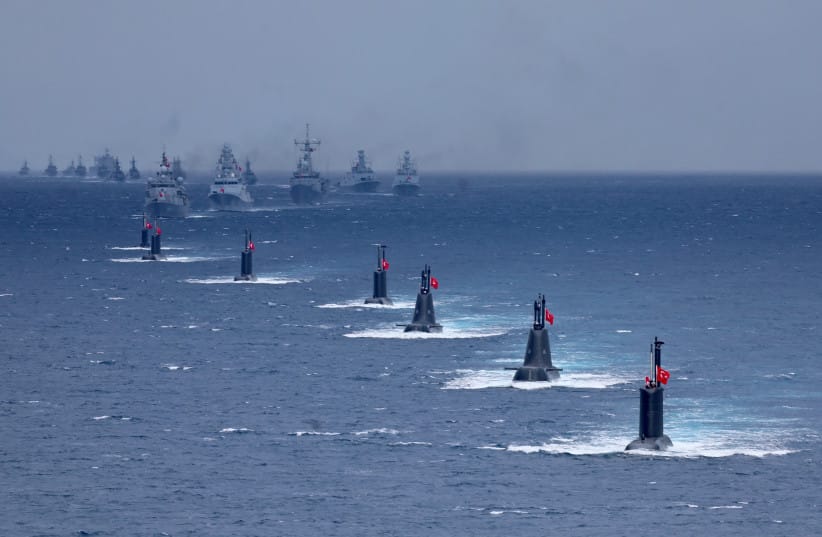 Turkey's submarines and fast attack craft ships participate in the live-fire phase of the ''Blue Homeland-2026'' (Mavi Vatan) tactical military exercises in the eastern Mediterranean Sea, in Antalya on April 9, 2026.