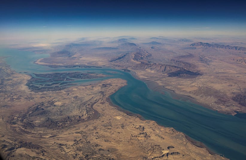 An aerial view of the island of Qeshm, separated from the Iranian mainland by the Clarence Strait, December 10, 2023.