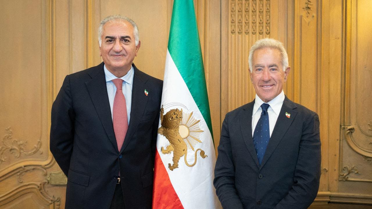 Iranian Crown Prince Reza Pahlavi (L) meets World Jewish Congress President Sylvan Adams in Paris, France, July 26, 2026.