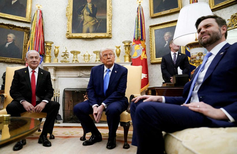 U.S. President Donald Trump and U.S. Vice President JD Vance meet Israeli Prime Minister Benjamin Netanyahu at the White House in Washington, U.S., February 4, 2025. 