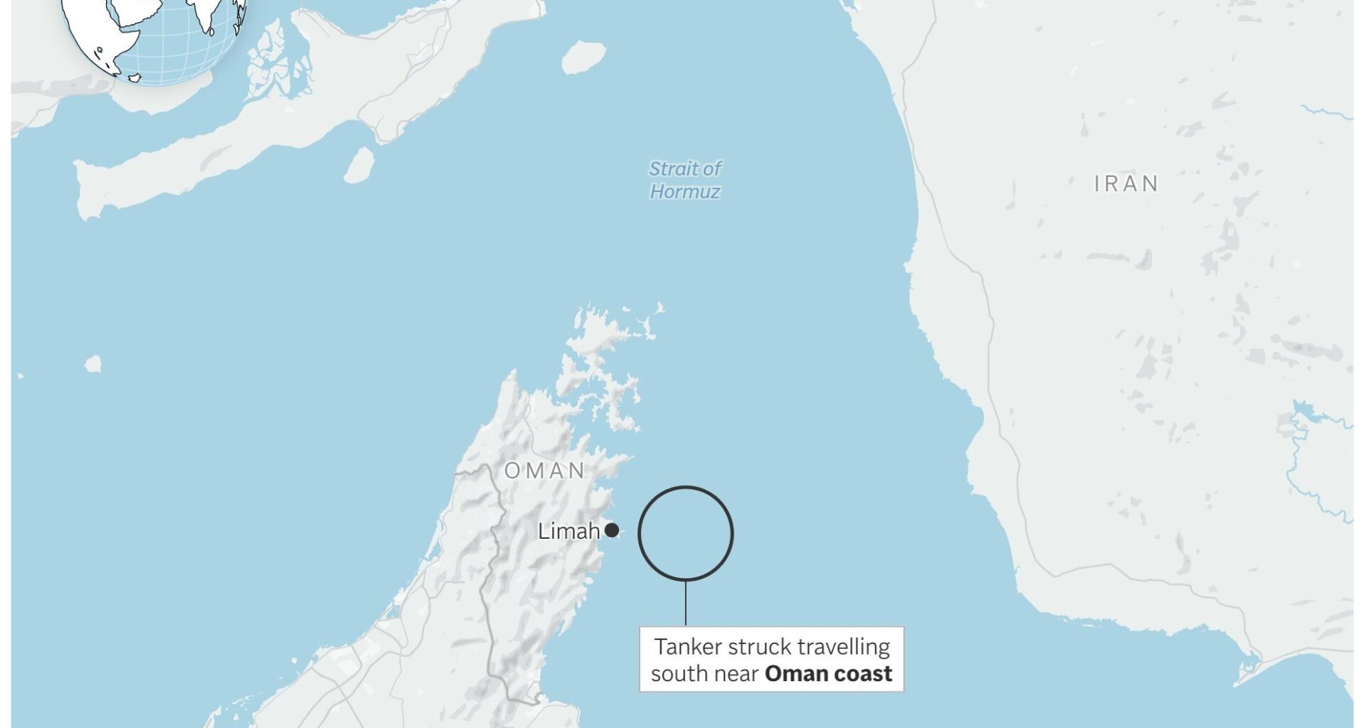 Map showing where a tanker was struck in the Strait of Hormuz. (AP Digital Embed)