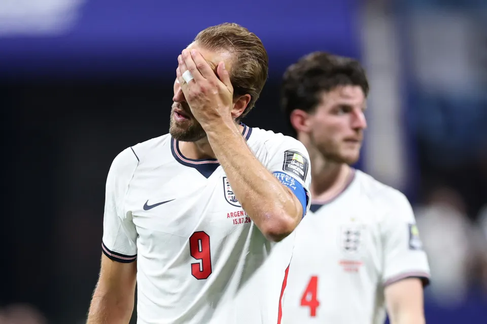 Harry Kane reacts after losing to Argentina at the World Cup