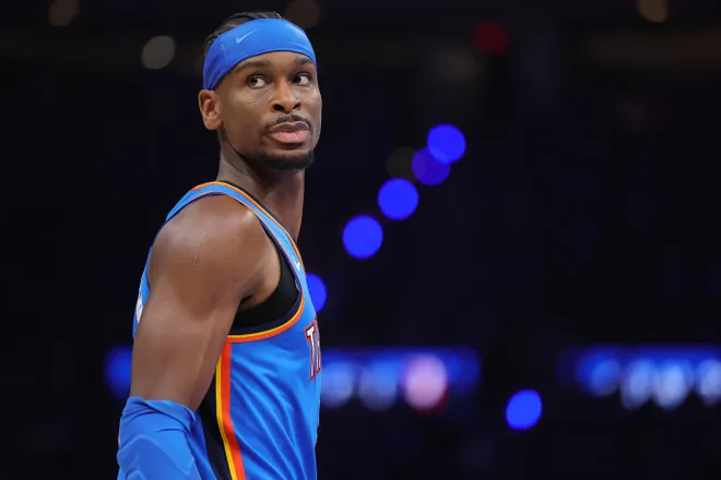 OKLAHOMA CITY, OKLAHOMA - MAY 18: Shai Gilgeous-Alexander #2 of the Oklahoma City Thunder looks on during overtime against the San Antonio Spurs in Game One of the NBA Western Conference Finals at Paycom Center on May 18, 2026 in Oklahoma City, Oklahoma. NOTE TO USER: User expressly acknowledges and agrees that, by downloading and or using this photograph, User is consenting to the terms and conditions of the Getty Images License Agreement. (Photo by Alex Slitz/Getty Images)