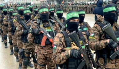 Members of Hamas's armed wing, the Ezzedine al-Qassam Brigades, take part in a formation in Khan Yunis, Gaza. Hamas says its agreement with Israel includes provisions on the group's weapons and a gradual withdrawal of Israeli forces from the Gaza Strip. Image: AFP TV