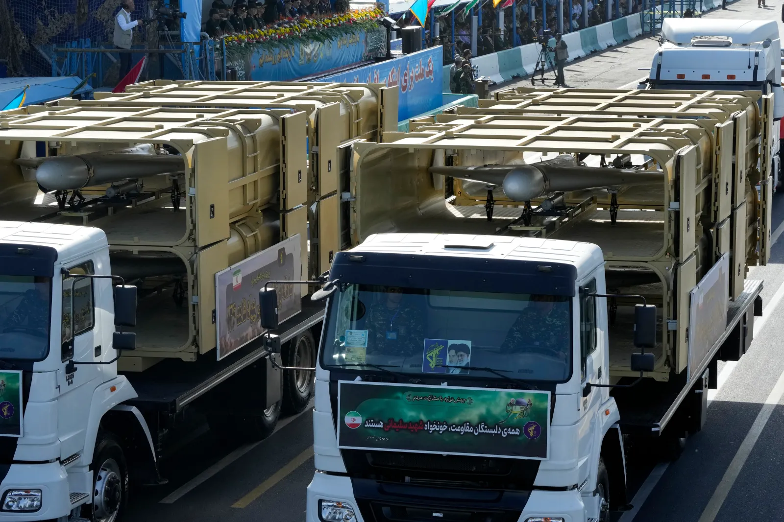 Shahed-136 drones are displayed by Iran's IRGC during a parade marking the anniversary of the beginning of the Iran-Iraq War, outside Tehran, on September 21, 2024.