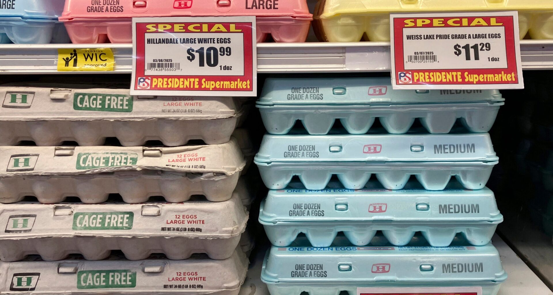 Egg cartons on shelves with prices displayed: $10.99, $11.29, and $10.59 for large and medium eggs. Special offers from Presidente Supermarket.
