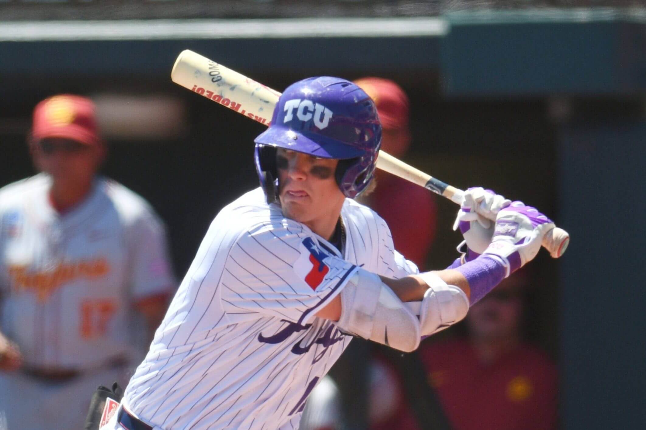 TCU outfielder Sawyer Strosnider (10) hits against Southern California during an NCAA regional baseball game on Friday, May 30, 2025, in Corvallis, Ore.