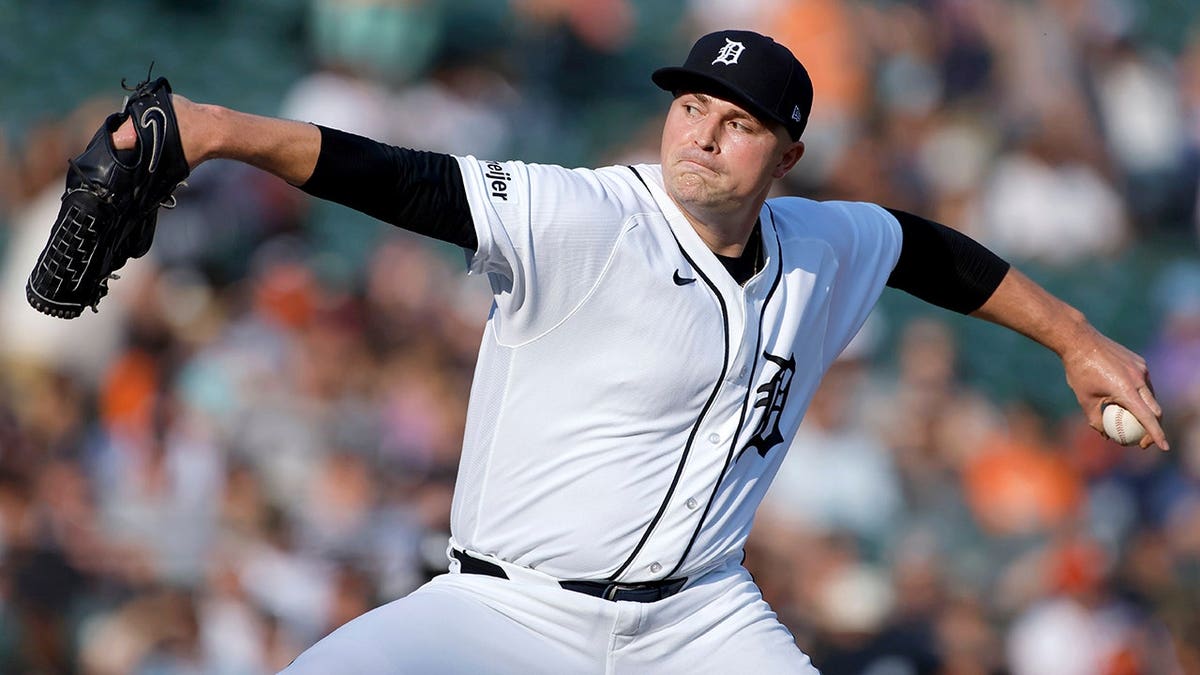 Tarik Skubal, Detroit Tigers starting pitcher, delivering a pitch on the mound