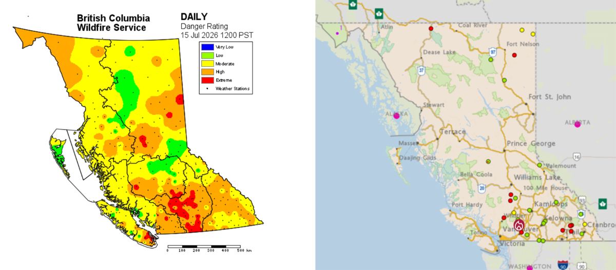 On the left, a map shows fire risk across BC. On the right, a map shows active fires in BC.