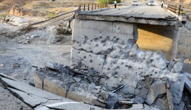 A heavily-damaged bridge which was hit by a US strike is pictured along the road connecting Roudan and Bandar Abbas in southern Iran on July 18, 2026. The United States hit Iran on July 17, with Tehran accusing US forces of striking civilians sites and drawing Iranian threats of reprisals on regional infrastructure. A battle over the strategic Strait of Hormuz has rekindled the war in the Middle East and the foes have traded fire for six days running.