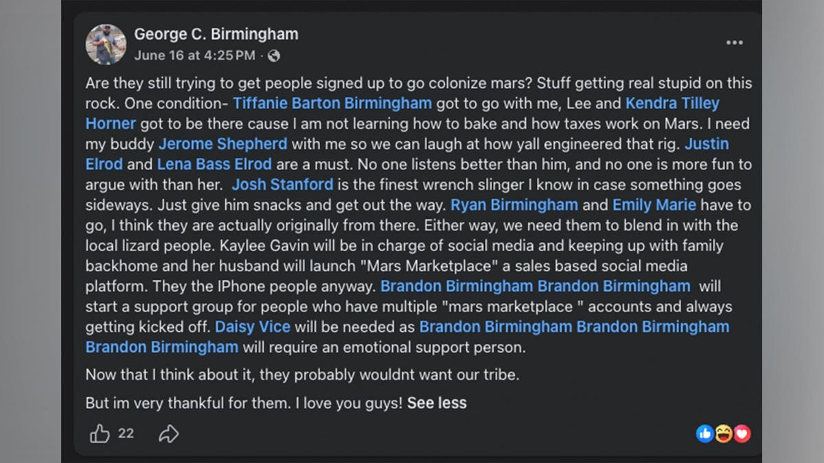 Screenshot of a Facebook post from George C. Birmingham dated June 16 at 4:25 p.m., in which he jokingly lists friends and family — including Justin Elrod and Lena Elrod — he'd want with him on a hypothetical Mars colonization trip, ending with 
