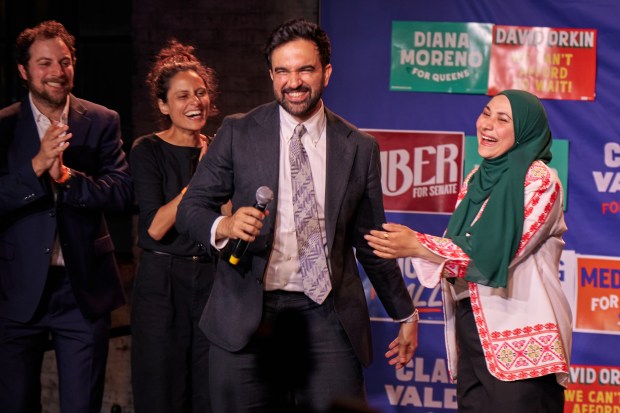 Mayor Zohran Mamdani takes the stage with other democratic socialist candidates, from left: David Orkin, Samantha Kattan, and Aber Kawas, at a primary night party for Assemblywoman Claire Valdez, in Brooklyn, on June 23, 2026. Valdez, a close ally of Mamdani, won the Democratic nomination for an open House seat in Brooklyn and Queens on Tuesday. (Bing Guan/The New York Times)