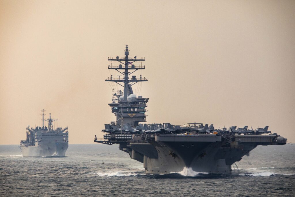 U.S. Navy warships transit the Strait of Hormuz