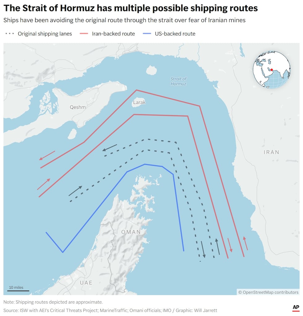 Map showing multiple possible shipping routes through the Strait of Hormuz. (AP Digital Embed)