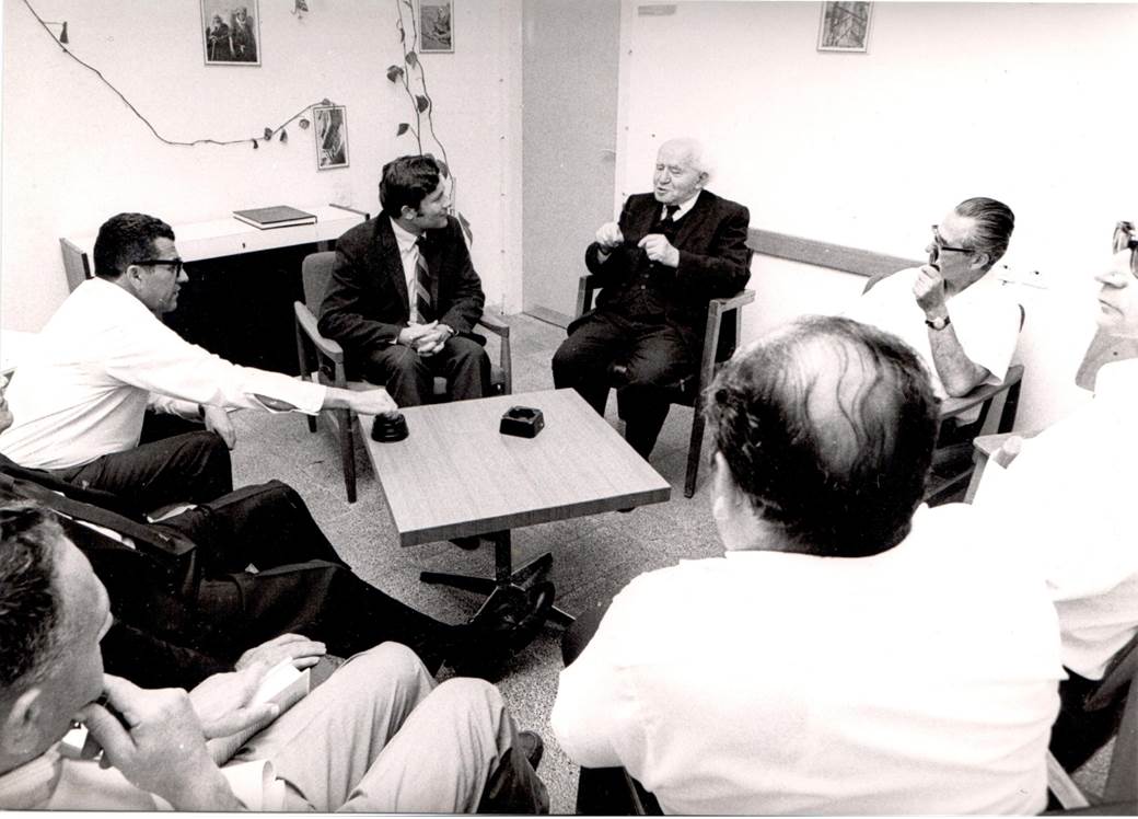 David Ben-Gurion addresses members of the Shiloah Institute, which later became the Moshe Dayan Center at Tel Aviv University. Date unknown. (Wikicommons) David Ben-Gurion addresses members of the Shiloah Institute, which later became the Moshe Dayan Center at Tel Aviv University. Date unknown. (Wikicommons)