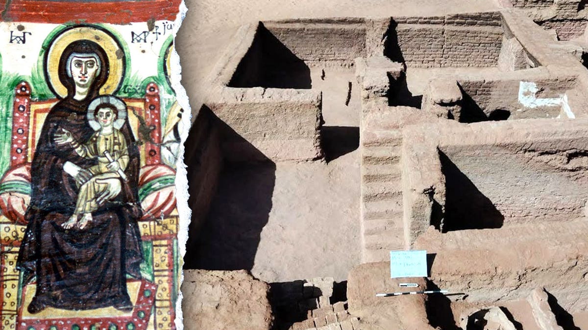 Split image of Coptic depiction of Mary and Jesus, aerial view of ancient city