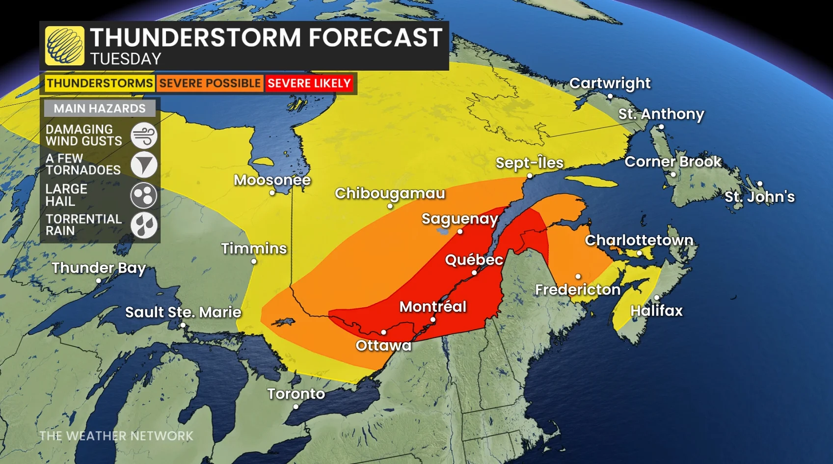 Eastern Canada Tuesday storm risk - July 13, 2026