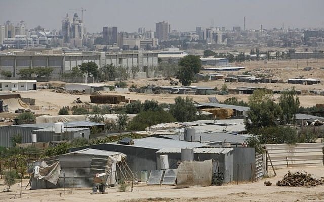 A view of the Bedouin town of Segev Shalom, with the city of Beersheba in the background (photo credit: Miriam Alster/Flash90)