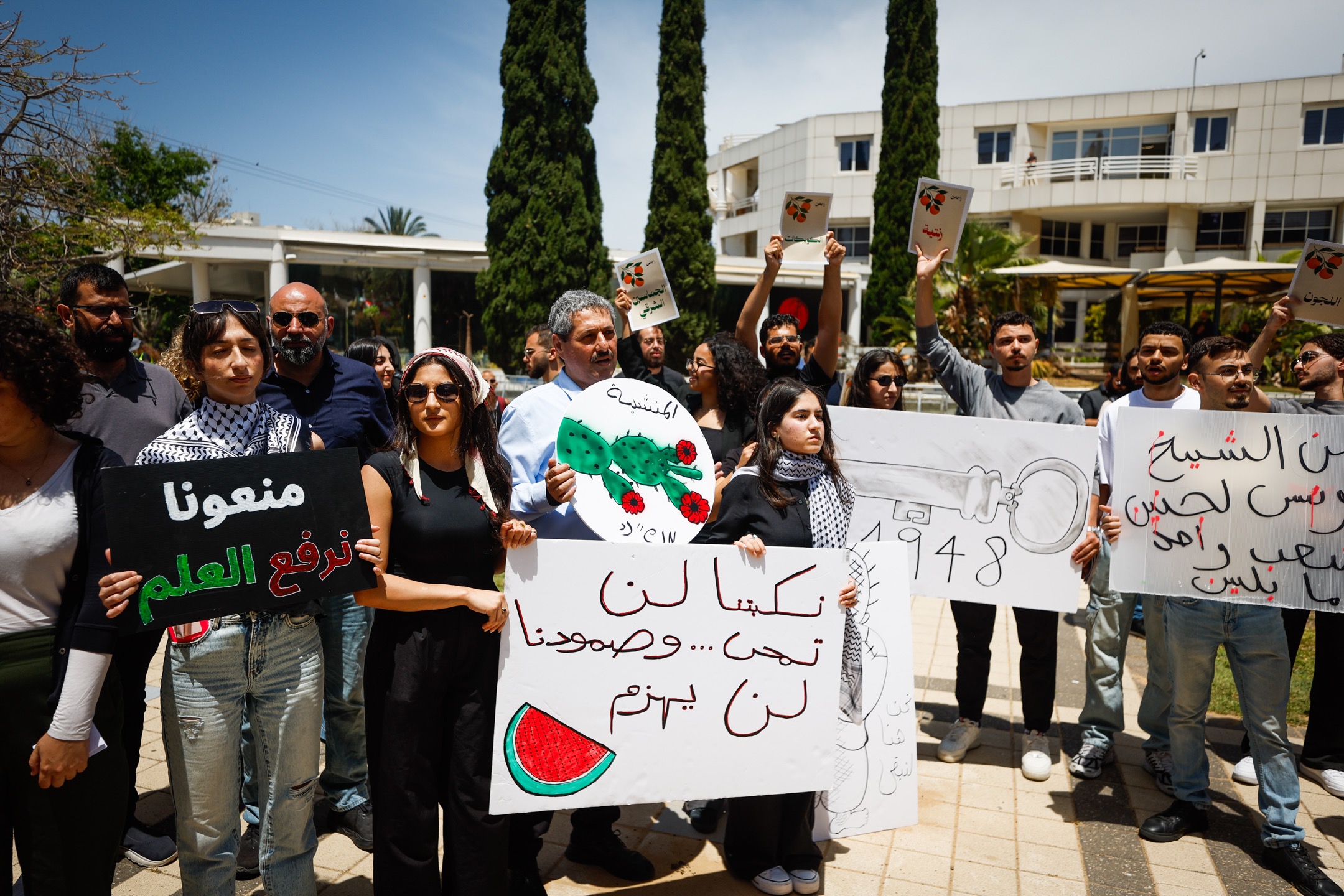 Palestinian students take part in a rally marking Nakba Day, at Tel Aviv University, May 13, 2026. (Jamal Awad/Flash90) Palestinian and Jewish students take part in a rally marking Nakba Day, at Tel Aviv University, May 13, 2026. (Jamal Awad/Flash90)