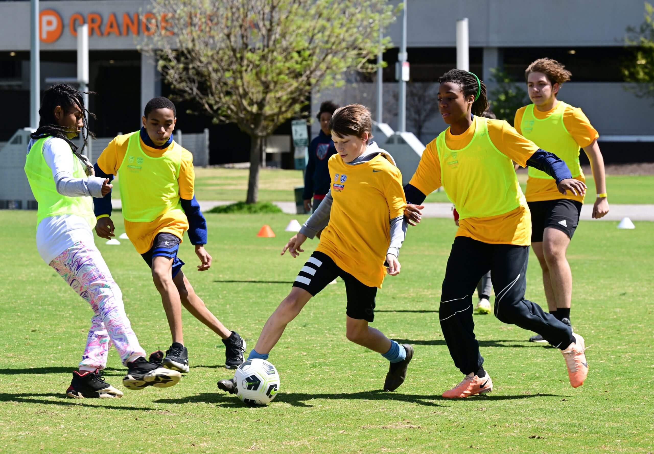 AYSO players at a youth soccer clinic