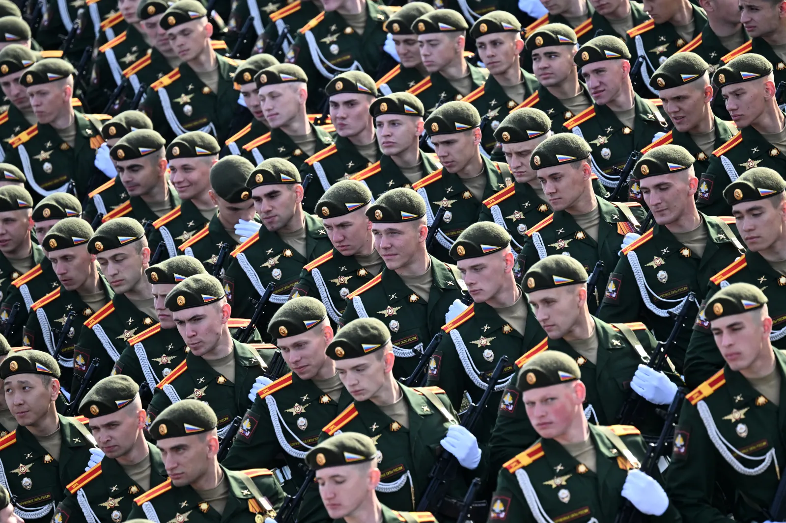 Russian servicemen get ready to rehearse the Victory Day military parade in Red Square, Moscow on May 7, 2025.