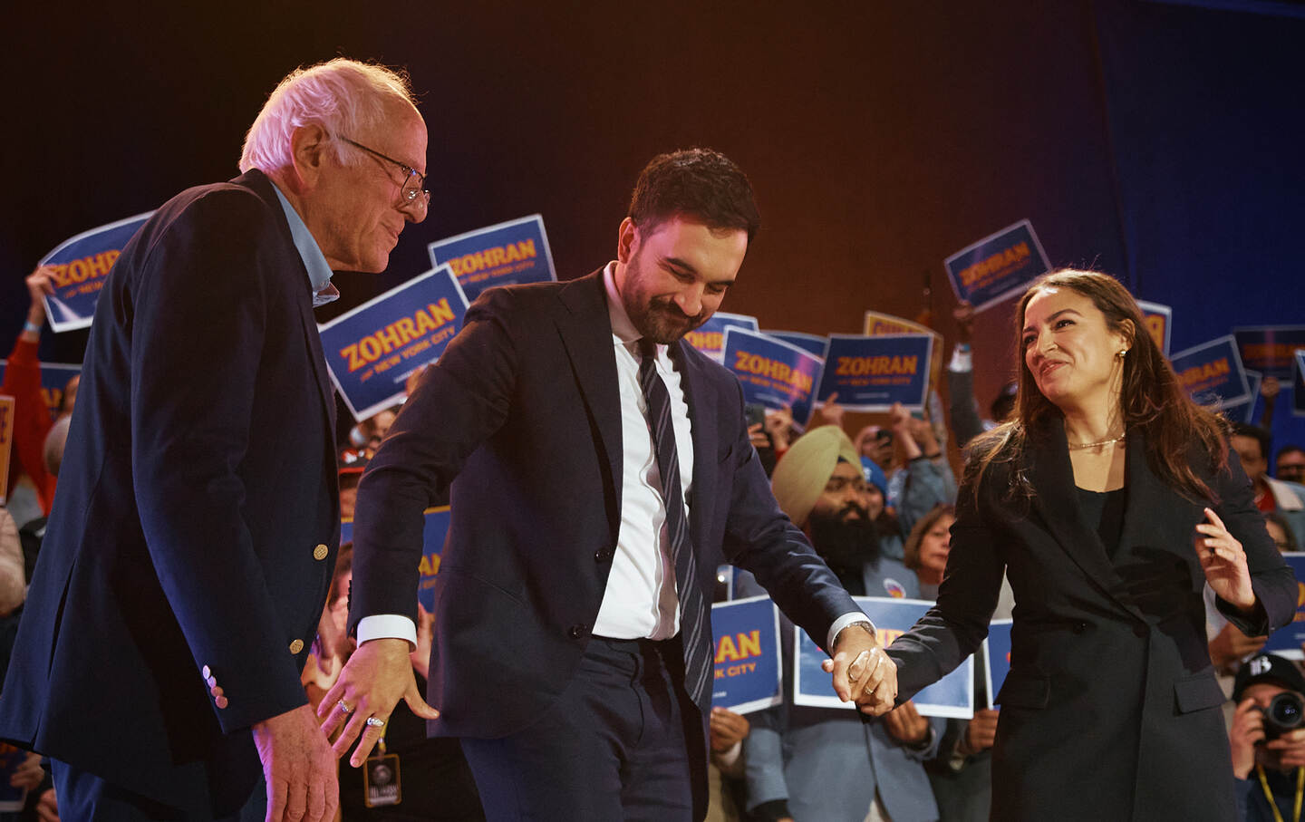 Then-candidate Zohran Mamdani with Senator Bernie Sanders (I-VT), left, and Representative Alexandria Ocasio-Cortez (D-NY), right, during an election rally on October 26, 2025, in New York City.