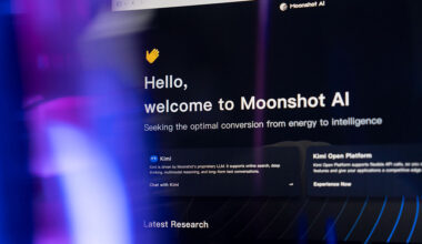 Information for Moonshot AI's Kimi chatbot arranged on a computer.