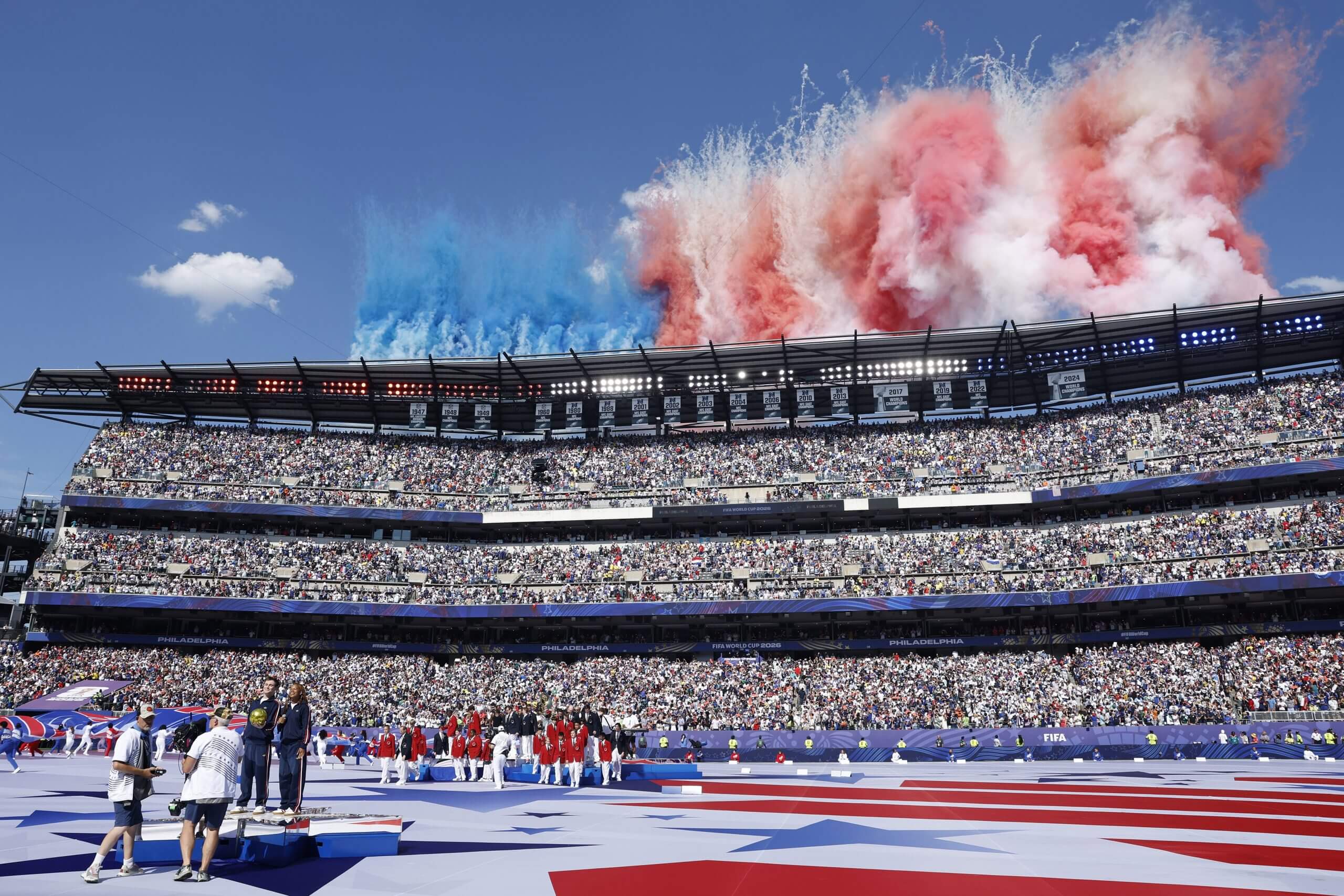 Red, white and blue fireworks erupt at Lincoln Financial Field to mark the 250th anniversary of the United States of America''s Declaration of Independence