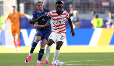 Folarin Balogun #20 of the United States is challenged by Tarik Muharemovic #4 of Bosnia and Herzegovina during the FIFA World Cup 2026 Round of 32 match between USA and Bosnia and Herzegovina at San Francisco Bay Area Stadium on July 01, 2026 in Santa Clara, California.