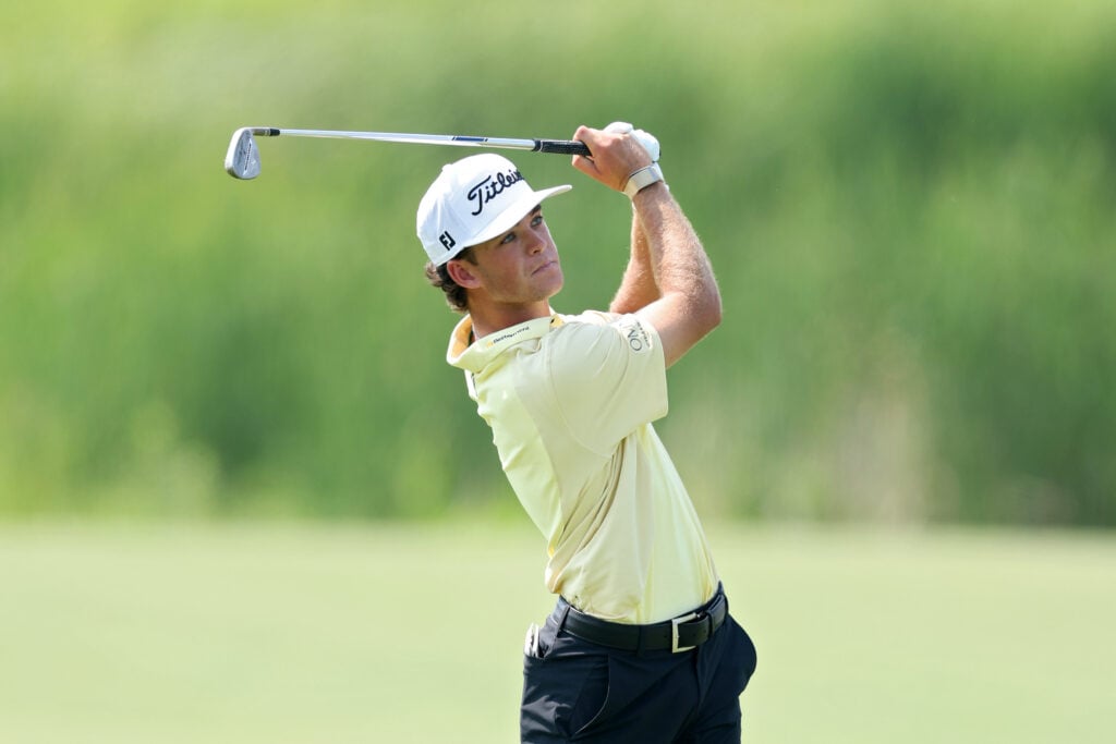 Jackson Koivun hits a shot on the 14th hole at TPC Twin Cities during the third round of the 3M Open