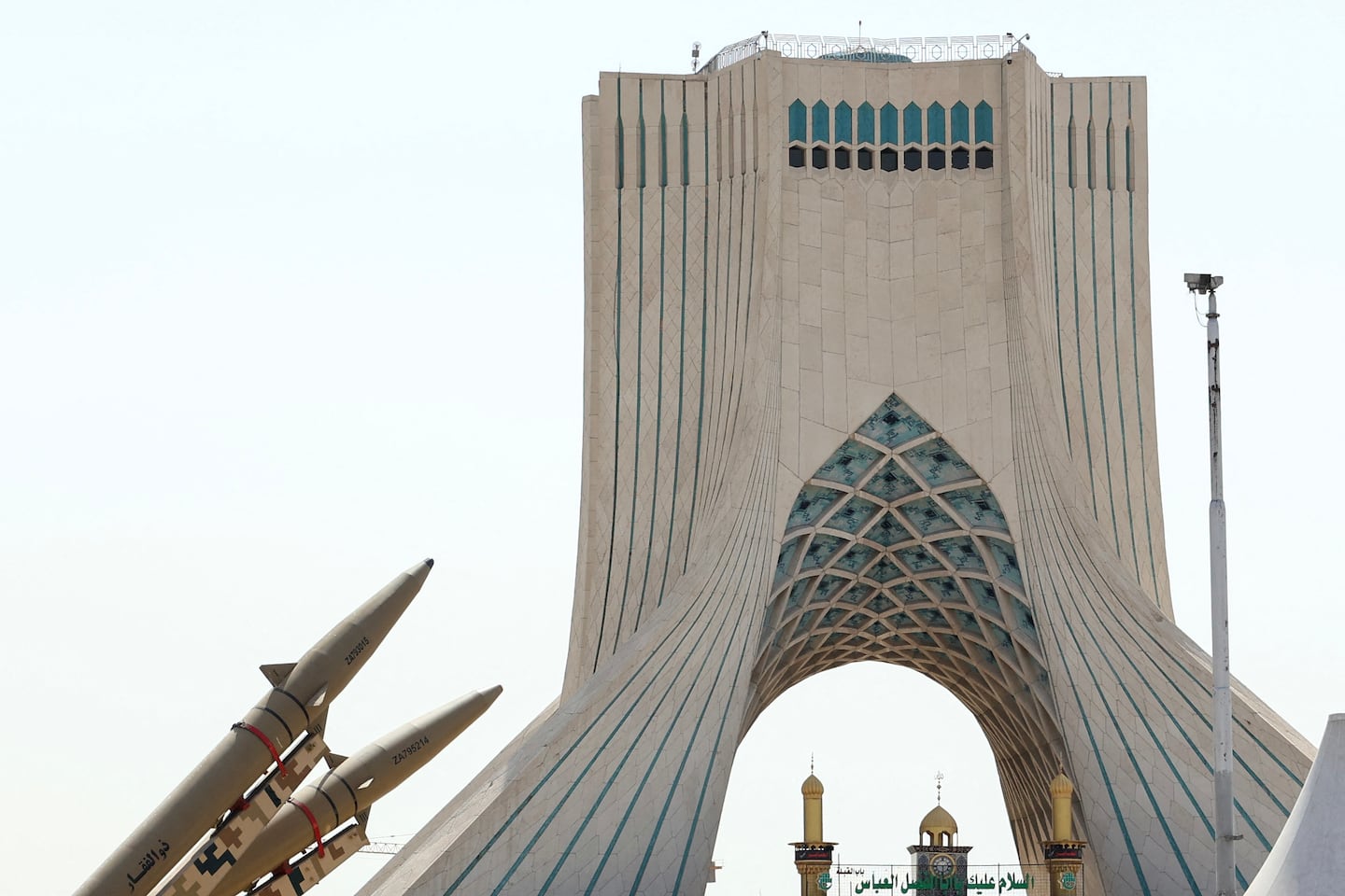 Iranian-made Zolfaghar missiles are displayed at Azadi Square in Tehran on July 24, 2026. Iran's army said on July 24 it carried out drone strikes against several American military facilities and bases in Bahrain and Jordan in retaliation for the latest US attacks against the Islamic republic.