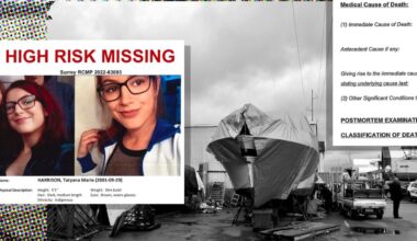 A collage of images shows a missing person poster with photographs of a young woman wearing glasses; a large boat out of the water with a tarp covering it; and a partial coroner&rsquo;s report form.