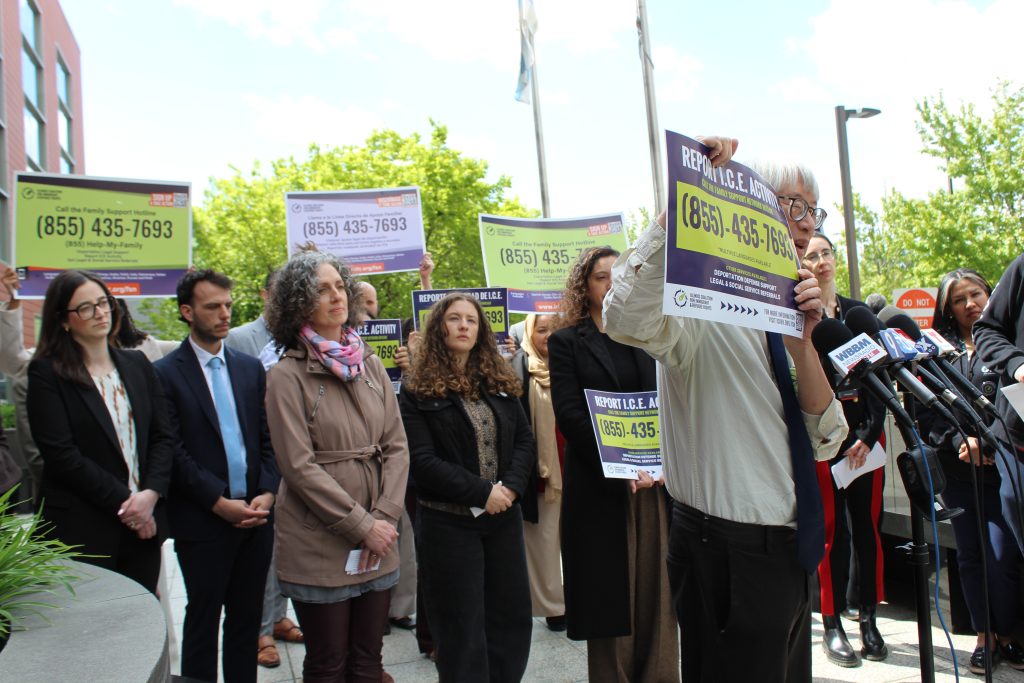 Officials and advocates denounce the presence of federal immigration agents at four Cook County courthouses on May 7, 2026.