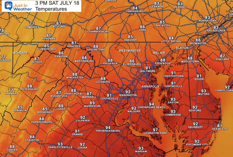July 18 weather forecast temperatures Saturday afternoon