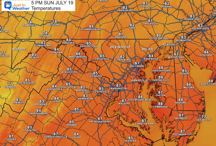 July 18 weather forecast temperatures Sunday afternoon